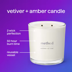 Method Premium Soy Candle  Vetiver + Amber  2 Wick  Recyclable Jar  Up to 50 Hours Burn Time  14 oz