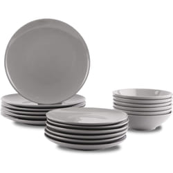 Amazon Basics 18-Piece Stoneware Dinnerware Set - Smokey Grey, Service
