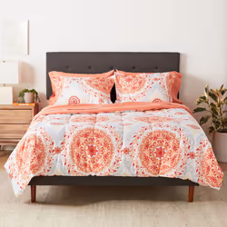 Amazon Basics Full/Queen Comforter Set with Sheets 5-Piece Coral Medallion Bedding Lightweight Microfiber Bed-in-a-Bag