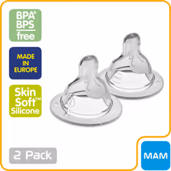 MAM Bottle Nipples Medium Flow Nipple Level 2 (Set of 2), for 2+ Months, SkinSoft Silicone Nipples for Baby Bottles, Fits All MAM Bottles