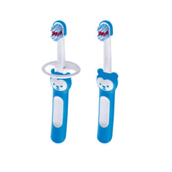 MAM Baby Toothbrushes (2 Babys Brushes and 1 Safety Shield)  Toothbrushes with Brushy the Bear character  Interactive App  For Boys 6 Months  Blue