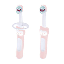 MAM Baby Toothbrushes (2 Baby's Brushes and 1 Safety Shield)  Toothbrushes with Brushy The Bear Character  Interactive App  for Girls 6+ Months  Pink