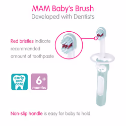 MAM Baby Toothbrushes (2 Baby's Brushes and 1 Safety Shield)  Toothbrushes with Brushy The Bear Character  Interactive App  for Girls 6+ Months  Pink