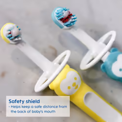 MAM Baby Toothbrushes (2 Baby's Brushes and 1 Safety Shield)  Toothbrushes with Brushy The Bear Character  Interactive App  for Girls 6+ Months  Pink