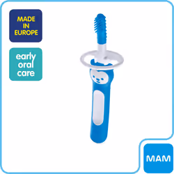 MAM Massaging Baby Toothbrush  Gum Cleaner and Massager with Brushy The Bear Character  Interactive App  for Boys 3+ Months