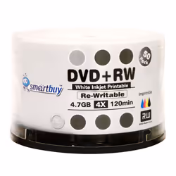 50 Pack Smartbuy Blank DVD+RW 4X 4.7GB 120Min White Inkjet Hub Printable Rewritable DVD Media Disc