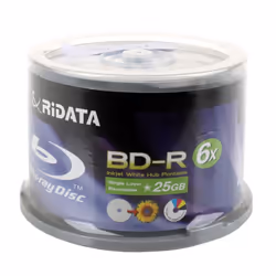 Ridata BD-R 6X 25GB Blu-ray Media White Inkjet Hub Printable Disc Pack of 50
