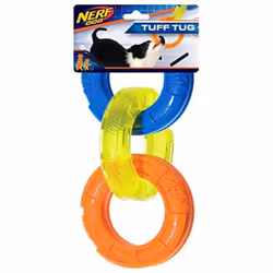 Nerf Dog 7.5in Rubber 3-Ring Tug Dog Toy Lightweight Durable and Water Resistant Dog Toy for Small Dogs Single Unit Blue/ ...