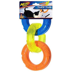 Nerf Dog 7.5in Rubber 3-Ring Tug Dog Toy  Lightweight  Durable and Water Resistant Dog Toy for Small Dogs  Single Unit  Blue/Green/Orange
