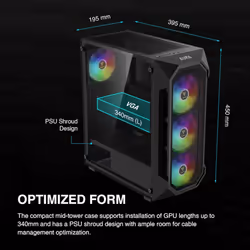 GAMDIAS ATX Mid Tower Gaming Computer PC Case Tempered Glass  Built-in 4X 120mm ARGB Case Fans  Front Airflow Mesh  Up to 6x120mm Fans  340m