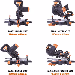 Evolution Power Tools R210SMS+ Sliding Mitre Saw With Multi-Material Cutting, 45 Bevel, 50 Mitre, 230mm Slide, 1500 W, 230 V