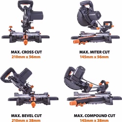 Evolution Power Tools R185SMS+ Compound Saw with Multi-Material Cutting, 45 Degree Bevel, 50 Degree Mitre, 210 mm Slide, 1200 W, 210 mm, 230 V,