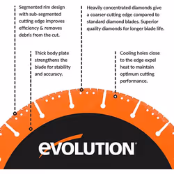 Evolution (MD230SEG-CS) - 230 mm Multi Material Diamond Blade For Disc Cutters - Superior Quality Diamonds - Segmented Rim Removes Debris From Cut -