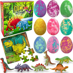 Bath Bombs for Kids with Surprise Toys Inside Plus Dinosaur Puzzle - Set of 9 Organic Dino Egg Bath Bombs with Rich Bubbles  Christmas Gift for Kids