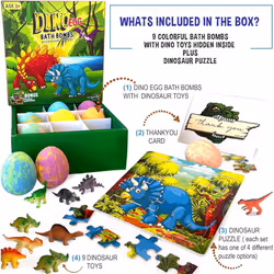 Bath Bombs for Kids with Surprise Toys Inside Plus Dinosaur Puzzle - Set of 9 Organic Dino Egg Bath Bombs with Rich Bubbles  Christmas Gift for Kids