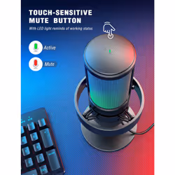 Gaming Streaming Microphone, USB PC Desktop Mic with Controllable RGB, Mute Tap, Monitoring Headphone Jack, Gain Knob on Mac/PS4/PS5, Computer
