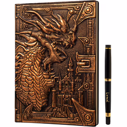DND Notebook/Journal, Unique 200 Page Book with 3D Bronze Dragon Embossed Faux Leather Cover with Pen- Ideal for