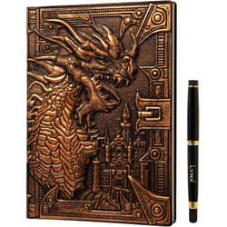 DND Notebook/Journal, Unique 200 Page Book with 3D Bronze Dragon Embossed Faux Leather Cover with Pen- Ideal for