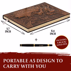 DND Notebook/Journal, Unique 200 Page Book with 3D Bronze Dragon Embossed Faux Leather Cover with Pen- Ideal for