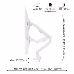 Pixio PS1S Wave White Single Monitor Arm Stand Desk Mount - Fits up to 32 inches Monitors and up to 19.8lbs. VESA Compatibility and Integrated Cable M