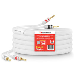 , White (12 AWG)) Nakamichi Excel Series 24k Gold Plated Banana Plug with 12AWG Speaker Cable 99.9% Oxygen-Free Copper (OFC) Heavy Duty - 15 ft (4.5 m