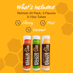 Nature's Bees - Cocoa Butter Lip Balm Moisturizer - Refresh 24 Pack  3 Flavors - Coconut  Cherry  & Mint - Made w/Coconut Oil  Beeswax  Vitamin E  Alo