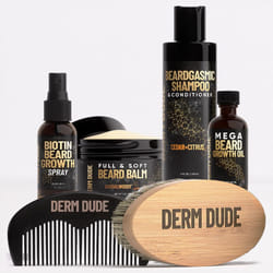 Derm Dude Advanced Beard Grooming Kit, Stimulate Facial Hair Growth, Gifts for Men - Wash, Oil, Balm, Complete Set