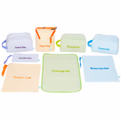 Easy Baby - Diaper Bottle and Supplies - Organizer Pouches and Changing Pad - Change Feed Dress and Clean Me (8 Pack Seersuck ...