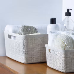 Curver Jute Decorative Plastic Organization and Storage Basket Perfect Bins for Home Office Closet Shelves Kitchen Pantry and All Bedroom Essentials (