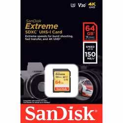 SanDisk Extreme 64GB SDXC Memory Card up to 150MB/s, Class 10, U3, V30