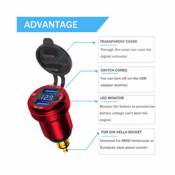 Motorcycle Aluminium DIN Hella Plug Dual USB Quick Charger Adapter LED - Red