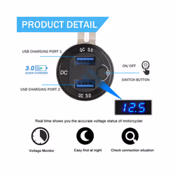 Motorcycle Aluminium DIN Hella Plug Dual USB Quick Charger Adapter LED - Blue Light Type-C