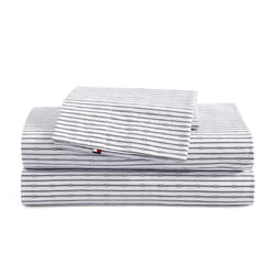 Tommy Hilfiger - Sheet Set  Cotton Percale Bedding with Matching Pillowcase  Crisp & Cool  Premium Quality Home Essentials (Monogram Stripe Navy  Twin