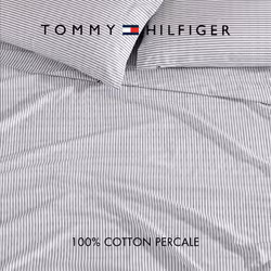 Tommy Hilfiger - Sheet Set  Cotton Percale Bedding with Matching Pillowcases  Crisp & Cool  Premium Quality Home Essentials (Monogram Stripe Navy  Ful