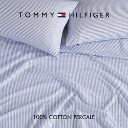 Tommy Hilfiger - Sheet Set  Cotton Percale Bedding with Matching Pillowcases  Crisp & Cool  Premium Quality Home Essentials (Monogram Stripe Blue  Ful
