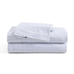 Tommy Hilfiger - Sheet Set  Cotton Percale Bedding with Matching Pillowcases  Crisp & Cool  Premium Quality Home Essentials (Monogram Stripe Blue  Que