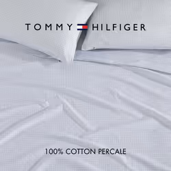 Tommy Hilfiger - Sheet Set  Cotton Percale Bedding with Matching Pillowcases  Crisp & Cool  Premium Quality Home Essentials (New England Plaid Blue  K