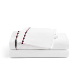 Tommy Hilfiger - Sheet Set  Cotton Percale Bedding with Matching Pillowcases  Crisp & Cool  Premium Quality Home Essentials (Global Stripe Red  Queen)