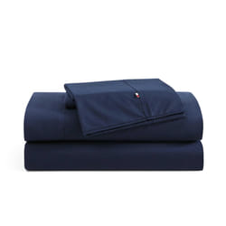 Tommy Hilfiger - Sheet Set  Cotton Percale Bedding with Matching Pillowcases  Crisp & Cool  Solid Home Essentials (Navy  Queen)