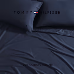 Tommy Hilfiger - Sheet Set  Cotton Percale Bedding with Matching Pillowcases  Crisp & Cool  Solid Home Essentials (Navy  Queen)