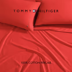 Tommy Hilfiger - Sheet Set  Cotton Percale Bedding with Matching Pillowcases  Crisp & Cool  Solid Home Essentials (Red  King)