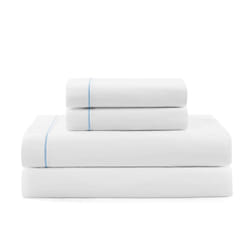 Tommy Hilfiger - Sheet Set  Cotton Percale Bedding with Matching Pillowcases  Crisp & Cool  Solid Design with Hem Stripe (White/Blue  Queen)