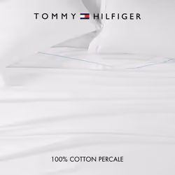 Tommy Hilfiger - Sheet Set  Cotton Percale Bedding with Matching Pillowcases  Crisp & Cool  Solid Design with Hem Stripe (White/Blue  Queen)