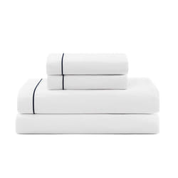 Tommy Hilfiger - Sheet Set  Cotton Percale Bedding with Matching Pillowcase  Crisp & Cool  Solid Design with Hem Stripe (White/Navy  Twin)