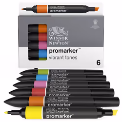Winsor & Newton Promarker 6 Vibrant Tones, 6 pc(s), Cyan, Green, Orange, Pink, Red, Yellow, Assorted, Black, Poppy, Mandarin, ...