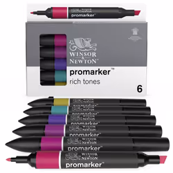 Winsor & Newton Promarker 6 Rich Tones, 6 pc(s), Blue, Pink, Purple, Red, Violet, Yellow, Assorted, Black, Cardinal Red, Moss ...