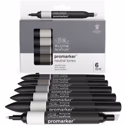 Winsor & Newton Promarker 6 Neutral Tones, 6 pc(s), Black, Grey, Assorted, Black, Cool Grey 1, Cool Grey 2, Cool Grey 3, Cool ...