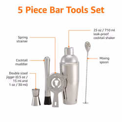 5-Piece Stainless Steel Bar Tool Set w/ 710-ml Shaker, Jigger, Strainer, Muddler