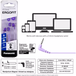 Panasonic ErgoFit Earbud Headphones +Mic Earphones RP-TCM125 Purple