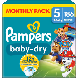 Pampers Baby-Dry Paw Patrol Edition Size 5, 186 Nappies, 11kg - 16kg, Monthly Pack, with A Stop & Protect Pocket to Help Prev ...